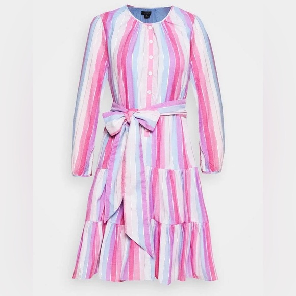 J. Crew Pastel Striped Veda Belted Long Sleeve Dress - Size Medium Petite - Picture 1 of 10